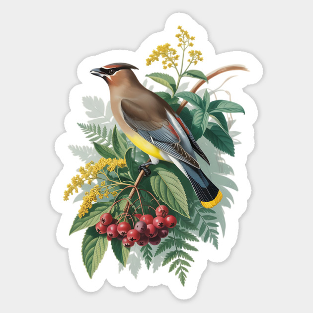 Cedar Waxwing with Berries and Leaves Magnet by BirdsnStuff