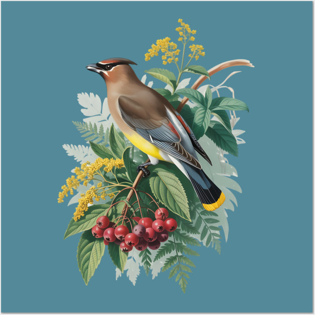 Cedar Waxwing with Berries and Leaves Wall Art by BirdsnStuff