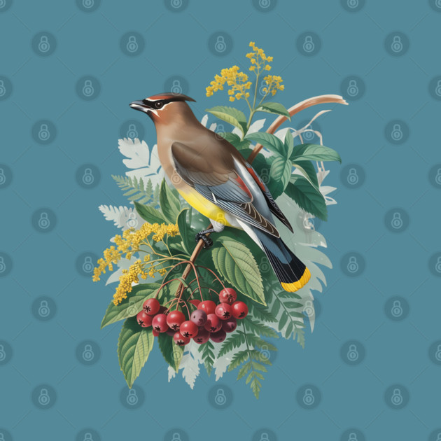 Cedar Waxwing with Berries and Leaves by BirdsnStuff