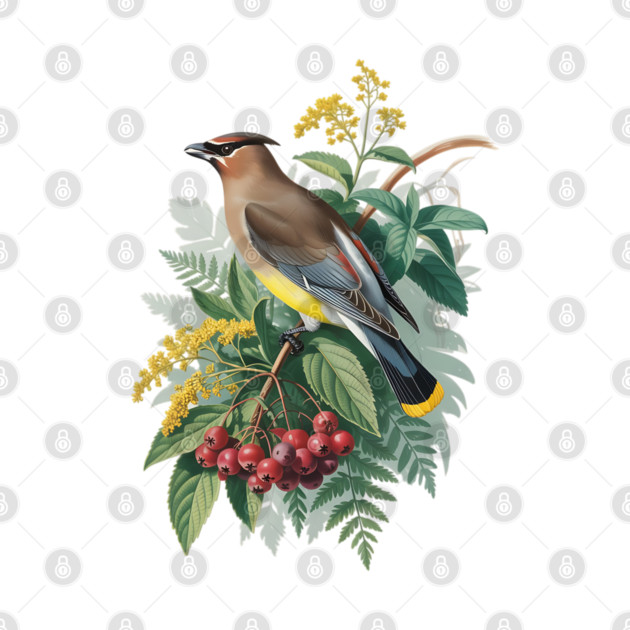 Cedar Waxwing with Berries and Leaves by BirdsnStuff