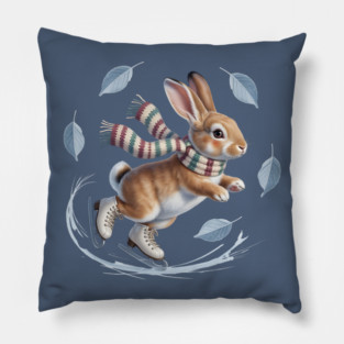 Ice Skating Bunny in Striped Scarf Pillow