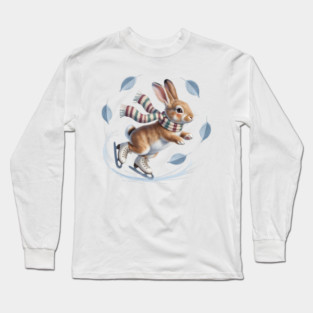 Ice Skating Bunny in Striped Scarf Long Sleeve T-Shirt
