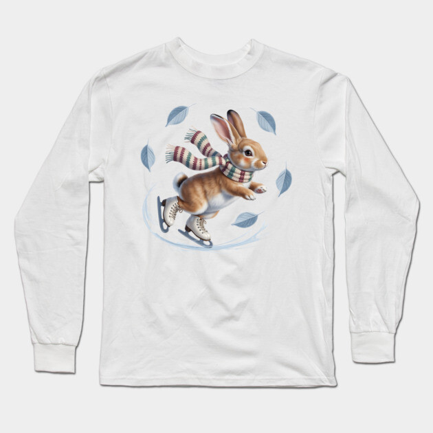 Ice Skating Bunny in Striped Scarf Long Sleeve T-Shirt by BirdsnStuff