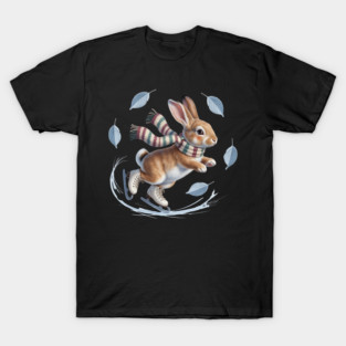 Ice Skating Bunny in Striped Scarf T-Shirt