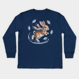 Ice Skating Bunny in Striped Scarf Kids Long Sleeve T-Shirt