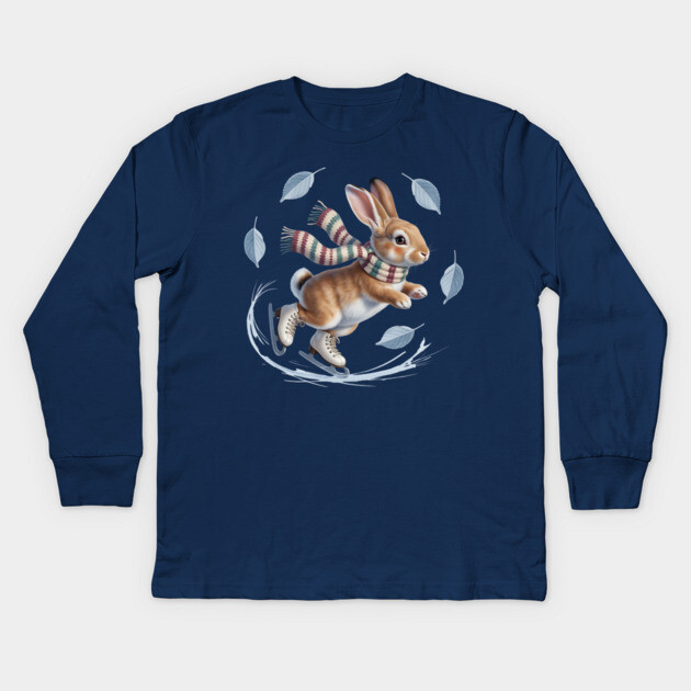 Ice Skating Bunny in Striped Scarf Kids Long Sleeve T-Shirt by BirdsnStuff