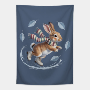 Ice Skating Bunny in Striped Scarf Tapestry