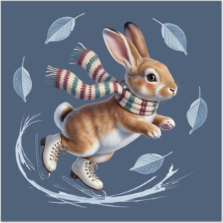 Ice Skating Bunny in Striped Scarf Posters and Art