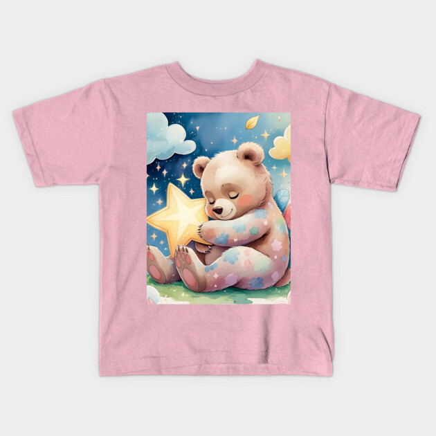 Whimsical Baby Bear & Star Pillow – Pastel Watercolor Nursery Design | Cozy Animal Print Kids T-Shirt by Anne Lee