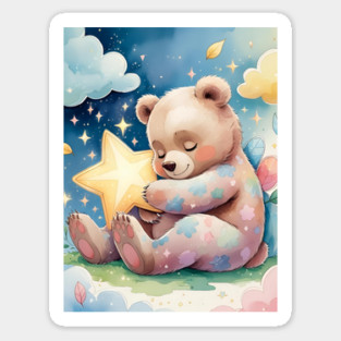 Whimsical Baby Bear & Star Pillow – Pastel Watercolor Nursery Design | Cozy Animal Print Sticker