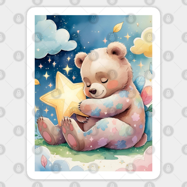 Whimsical Baby Bear & Star Pillow – Pastel Watercolor Nursery Design | Cozy Animal Print Sticker by Anne Lee