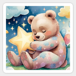 Whimsical Baby Bear & Star Pillow – Pastel Watercolor Nursery Design | Cozy Animal Print Magnet