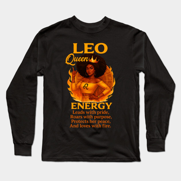 Leo Queen Energy – Black Woman Zodiac Shirt Long Sleeve T-Shirt by UrbanLifeApparel