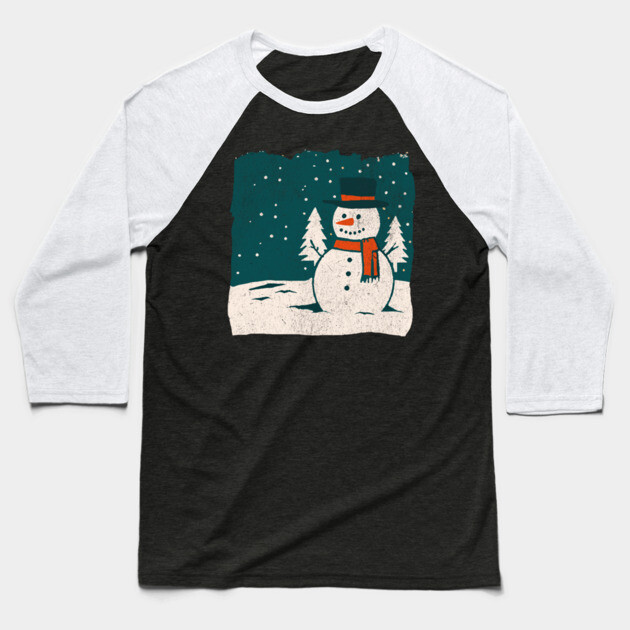 Vintage Snowman in a Winter Forest Baseball T-Shirt by DonWillisJrArt