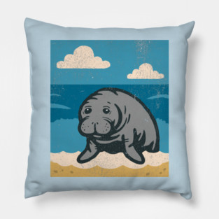 Beachside Manatee – Cute Cartoon Sea Cow Illustration Pillow