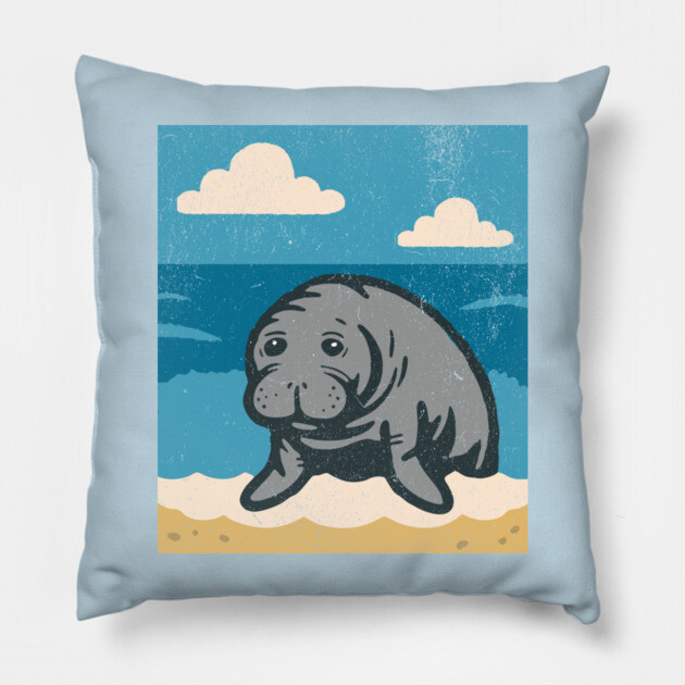 Beachside Manatee – Cute Cartoon Sea Cow Illustration Pillow by DonWillisJrArt