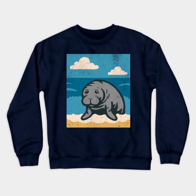 Beachside Manatee – Cute Cartoon Sea Cow Illustration Crewneck Sweatshirt by DonWillisJrArt