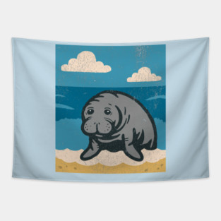 Beachside Manatee – Cute Cartoon Sea Cow Illustration Tapestry