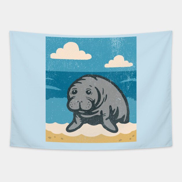Beachside Manatee – Cute Cartoon Sea Cow Illustration Tapestry by DonWillisJrArt