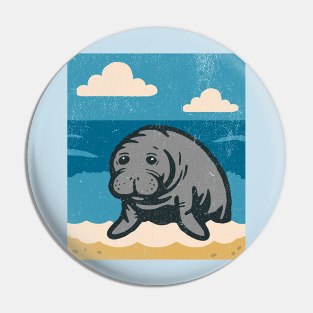 Beachside Manatee – Cute Cartoon Sea Cow Illustration Pin by DonWillisJrArt