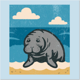 Beachside Manatee – Cute Cartoon Sea Cow Illustration Posters and Art