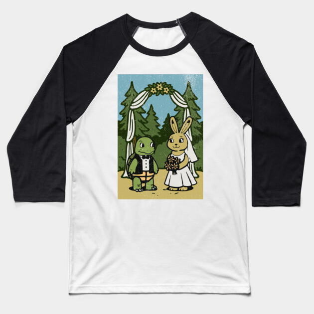 Tortoise and Hare Wedding – Whimsical Forest Ceremony Illustration Baseball T-Shirt by DonWillisJrArt