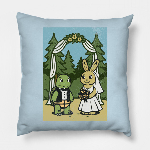 Tortoise and Hare Wedding – Whimsical Forest Ceremony Illustration Pillow by DonWillisJrArt