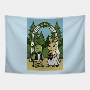 Tortoise and Hare Wedding – Whimsical Forest Ceremony Illustration Tapestry