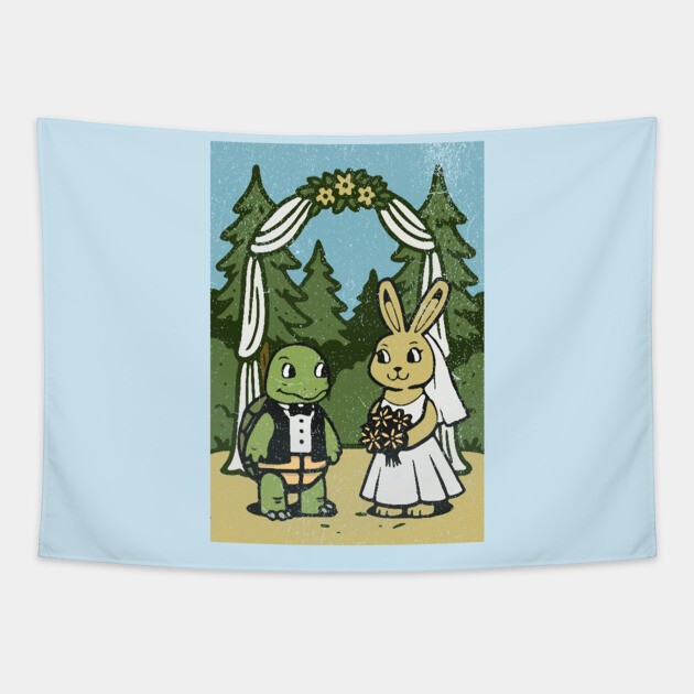 Tortoise and Hare Wedding – Whimsical Forest Ceremony Illustration Tapestry by DonWillisJrArt