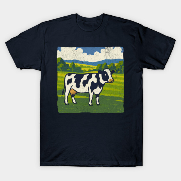 Retro Holstein Cow in Pasture – Vintage Farm Style Art T-Shirt by DonWillisJrArt