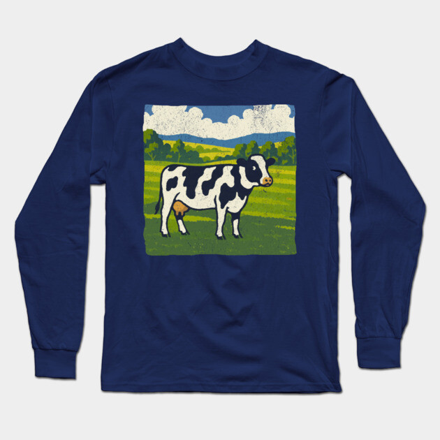 Retro Holstein Cow in Pasture – Vintage Farm Style Art Long Sleeve T-Shirt by DonWillisJrArt