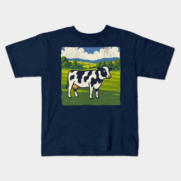 Retro Holstein Cow in Pasture – Vintage Farm Style Art Kids T-Shirt by DonWillisJrArt