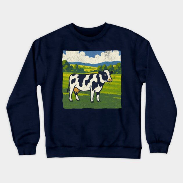 Retro Holstein Cow in Pasture – Vintage Farm Style Art Crewneck Sweatshirt by DonWillisJrArt