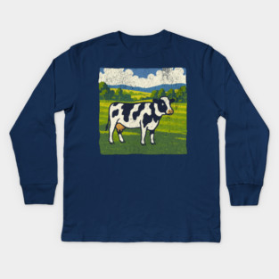 Retro Holstein Cow in Pasture – Vintage Farm Style Art Kids Long Sleeve T-Shirt