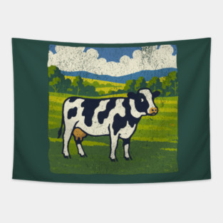 Retro Holstein Cow in Pasture – Vintage Farm Style Art Tapestry