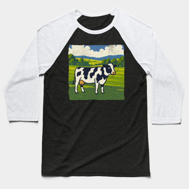 Retro Holstein Cow in Pasture – Vintage Farm Style Art Baseball T-Shirt by DonWillisJrArt