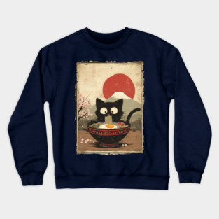 Surprised Ramen Cat Vintage Japanese Poster, Mount Fuji & Sakura Art Print Crewneck Sweatshirt