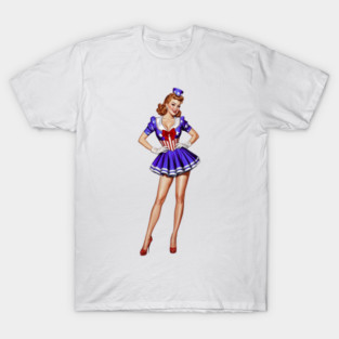 American Pinup Model in Red, White, Blue and Top Hat T-Shirt