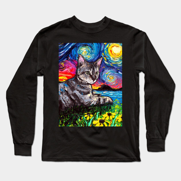 Tabby Tiger Cat Starry Night Long Sleeve T-Shirt by sagittariusgallery