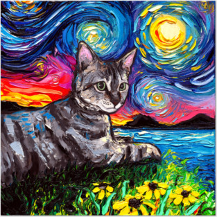 Tabby Tiger Cat Starry Night Posters and Art