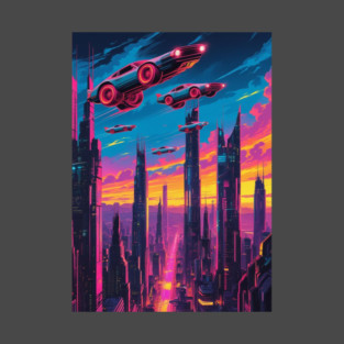 Flying Cars Over Neon Cityscape T-Shirt