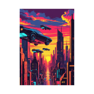 Flying Cars Over Neon Cityscape T-Shirt