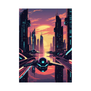 Futuristic Cityscape with Flying Vehicles T-Shirt