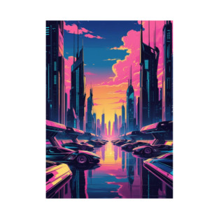 Futuristic Cityscape with Cars and Sunset T-Shirt