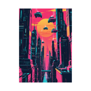 Flying Cars in Neon Cityscape T-Shirt