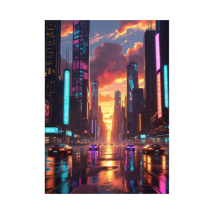 Cyberpunk Cityscape with Cars and Neon T-Shirt