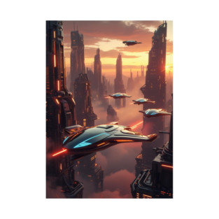 Futuristic Cityscape with Flying Vehicles T-Shirt