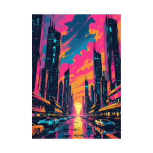 Vibrant Cyberpunk Cityscape with Cars T-Shirt