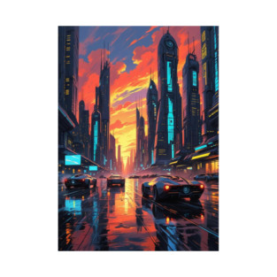 Futuristic Cityscape with Cars at Sunset T-Shirt