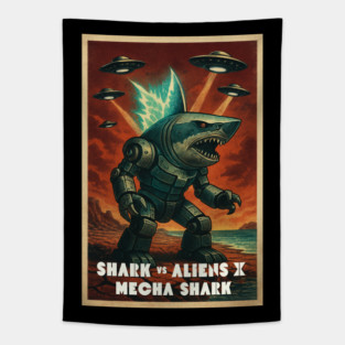 Shark vs Aliens X: Mecha Shark — Retro 50s Sci-Fi B Movie Showdown Tapestry